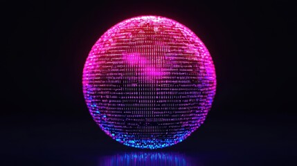 Poster - Bright Neon Sphere with Digital Patterns and Vibrant Colors in a Dark Background for Futuristic Concepts