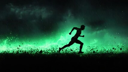 Poster - Abstract Figure Running Through Neon Green Waves Against Dramatic Dark Clouds in a Surreal Landscape