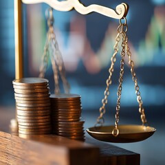 Poster - Balancing financial growth coins on scales against stock market trends professional office close-up abstract concept