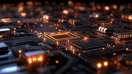Poster - Close-Up View of Circuit Board with Illuminated Microchips and Lights