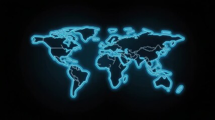 Poster - Neon Outline of World Map on Dark Background for Modern Digital Design and Global Concepts