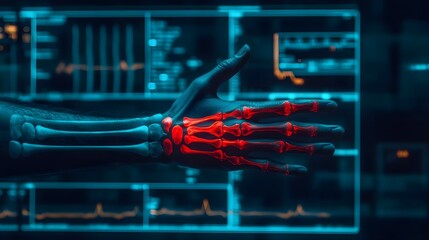 Poster - Innovative prosthetics development medical lab digital interface high-tech environment close-up view advanced coatings