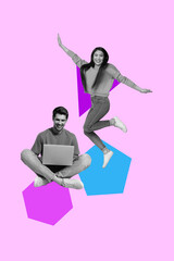 Poster - Poster photo vertical collage of two happy business partners girl guy receive career promotion success development hold laptop
