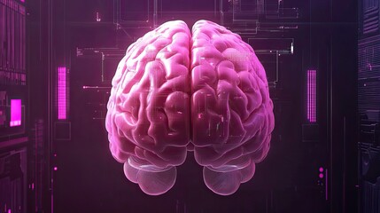 Poster - Futuristic Pink Brain Surrounded by Digital Circuitry and Lights