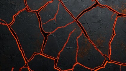 Poster - Dark Grunge Background with Cracked Black Surface and Fiery Orange Lines Creating Abstract Texture and Design Elements