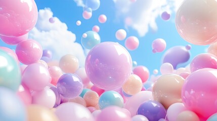 Poster - Colorful 3D Spheres Floating in a Bright Blue Sky with Clouds