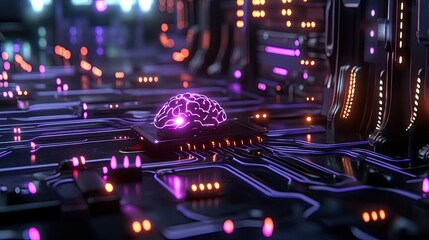 Poster - Futuristic Brain Interface with Neon Lights and Circuit Pathways