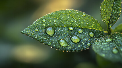Wall Mural - green leaf with water droplets, close up macro photography