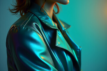 Poster - Captivating Close-Up of a Person Wearing a Stylish, Iridescent Jacket Bathed in Soft, Atmospheric Lighting Creating a Modern and Sophisticated Aesthetic