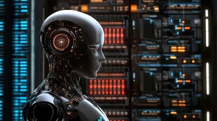 Poster - Futuristic Robot Profile with Digital Circuitry in a High-Tech Environment
