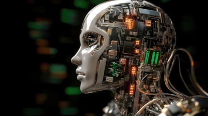 Poster - Futuristic Robot Head with Circuit Board and Glowing Lights