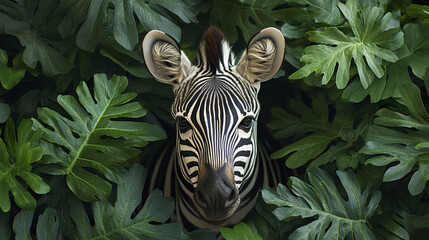 Canvas Print - zebra peeking through lush green leaves, creating striking contrast