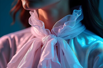 Poster - Close-up of a Woman with an Elegant Bow Tie, A Study in Soft Light and Delicate Fabric capturing a sense of Sophistication and Grace, conveying a Feeling of Tranquility