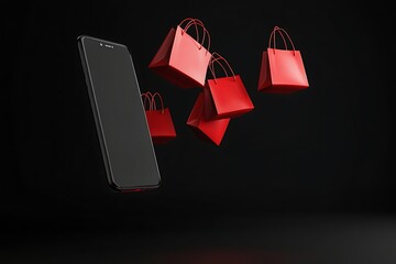 Poster - Black background, red shopping bags flying around the phone screen, blank space on mobile phone mockup