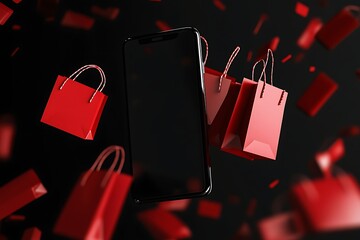 Poster - Black background, red shopping bags flying around the phone screen, blank space on mobile phone mockup