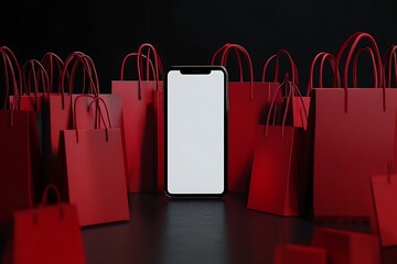 Poster - Black background, red shopping bags flying around the phone screen, blank space on mobile phone mockup