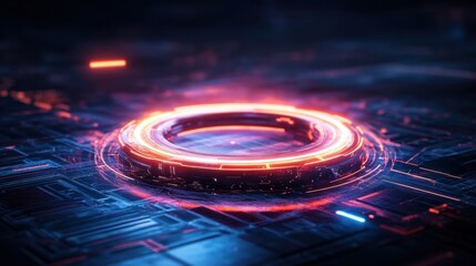 Fototapete - Glowing tech rings and wireframes forming a 3D structure in a dark futuristic atmosphere