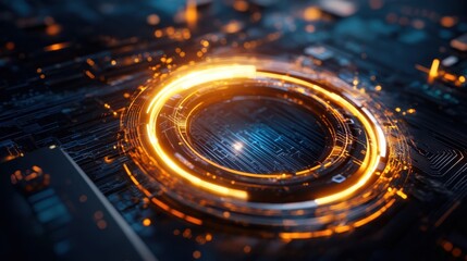 Fototapete - Glowing tech rings and wireframes forming a 3D structure in a dark futuristic atmosphere