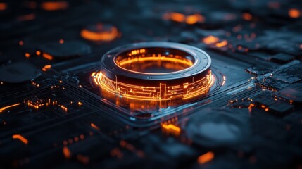 Fototapete - Glowing tech rings and wireframes forming a 3D structure in a dark futuristic atmosphere