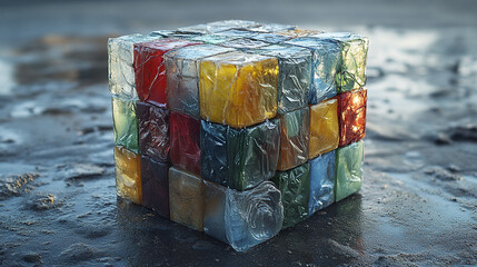 Poster - colorful cube made of translucent materials sits on wet surface