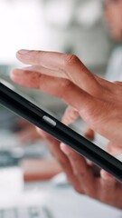 Poster - Businessman, hands or tablet in office for review, website scroll or search on internet. Admin person, tech or closeup in coworking space for schedule update, app or checklist for efficient workflow