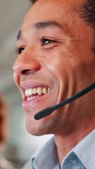 Poster - Headset, man and customer service in office with computer, communication and online consulting. Typing, advice or call center for CRM contact support, discussion or sales agent for hotline business