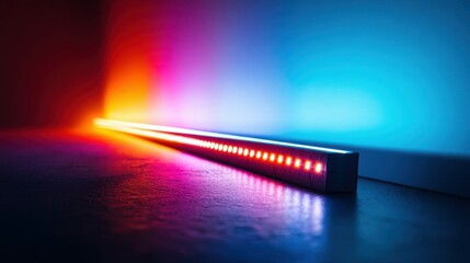 Poster - Vibrant LED light strip casts colorful illumination across a smooth, reflective surface.