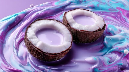 Poster - Two coconut halves rest in a swirl of vibrant purple, blue, and white paint, creating a unique and artistic composition.