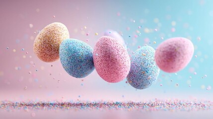 Poster - Floating pastel-colored Easter eggs with shimmering sprinkles in a dreamy, soft-focus aesthetic, perfect for holiday designs.