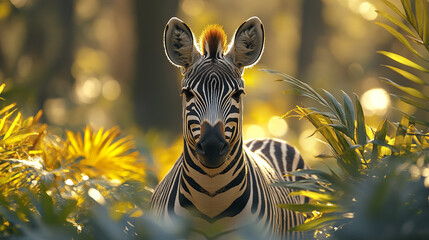 Canvas Print - zebra in sunlight surrounded by lush foliage, creating serene atmosphere