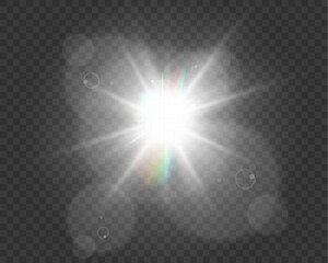 Wall Mural - bright white light explosion with lens flare, rainbow reflections, and sparkles on transparent backg