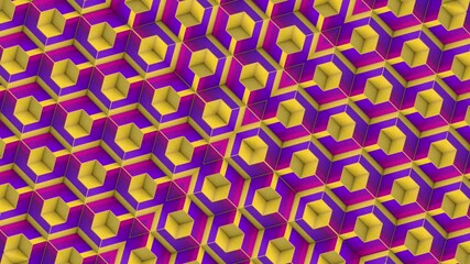 Fototapete - Loop animation of a bright symmetrical geometric pattern consisting of a grid of changing cubic shapes. The composition is dynamic. Contrasting shades of yellow, purple and pink. 3d rendering 4K