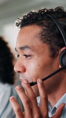 Poster - Call center, customer service and business man talking with IT help desk technician for assistance. Consultant, tech support and conversation on mic for advice, software solution and troubleshooting