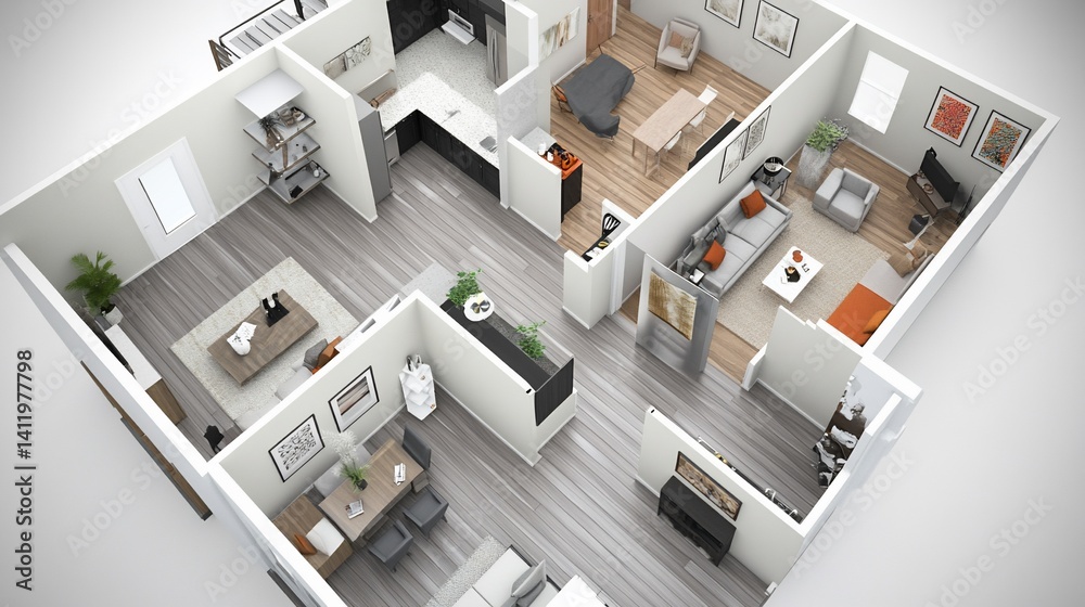 Detailed 3D Floor Plan Visualization with Contemporary Interior Design ...