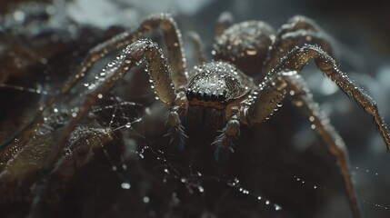 A close-up of a spider covered in water droplets, showcasing nature's intricate details and beauty in macro photography