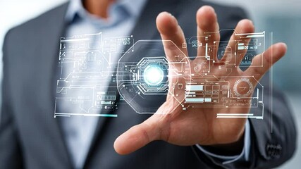Poster - Digital Innovation: A sleek, modern visual depicting a business person in a suit, gesturing towards a hologram of advanced technology, embodying progress and digital innovation.