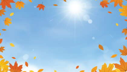 Wall Mural - sky blue background,yellow,orange maple leaves flying on autumn sky with dramatic cloud,horizon land