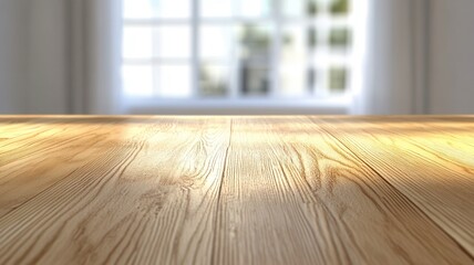 Poster - Empty wooden table with shadows background, leaves and blurred on white wall green perfect for product placement