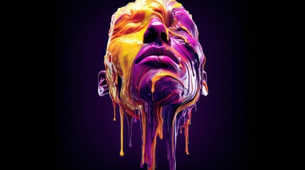 Poster - An abstract head sculpture with vibrant paint dripping down over a dark, colorful background.
