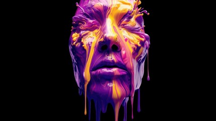 Poster - A captivating portrait of a face completely covered in vibrant flowing paint, against a dark background.