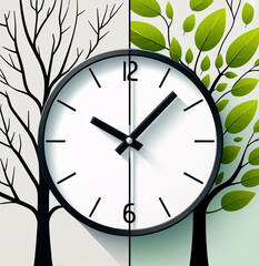 Poster - Minimalist spring daylight saving time change with clean clock face and symbolic seasonal transition in split background