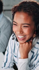 Poster - Call center, headset and businesswoman in office for communication, contact or crm networking. Tech support, talk and female customer experience consultant in workplace for help desk consultation