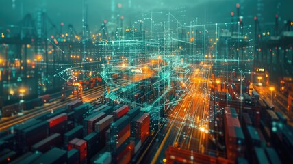 Poster - This abstract digital representation illustrates a global supply chain, showcasing the intricate connections between logistics, technology, and transportation in modern commerce.