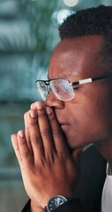 Poster - African man, thinking and night at office with stress, decision and review for proposal at creative agency. Person, perspective and insight for choice, frustrated and anxiety for deadline at startup