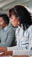 Poster - Call center, typing and businesswoman in office with report for crm development, contact or communication. Technology, email and female customer experience manager with online chat for help desk.