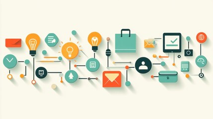 Poster - abstract illustration of interconnected business process, ideas, and e commerce elements. flat desig