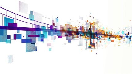 Poster - This abstract graphic features a colorful bridge design on a white background, showcasing geometric shapes and lines. Ideal for modern art themes.