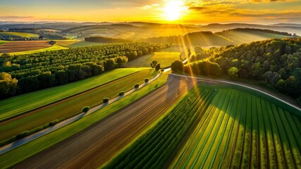 Aufkleber - Golden hour sunrise over rolling hills and lush green farmlands