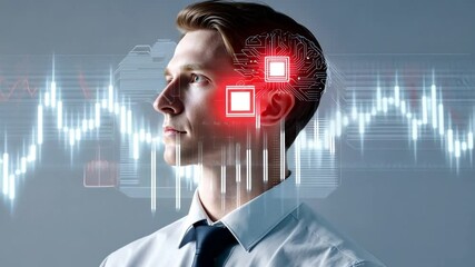 Poster - Digital Mind: A pensive businessman with superimposed digital brain circuitry and stock market data, symbolizing the convergence of human intellect and technological advancements.