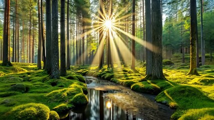 Poster - Sunrise Over a Mossy Forest Stream A Tranquil Nature Escape